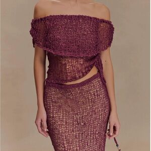 Meshki Burgundy Off-Shoulder Crochet Crop Top